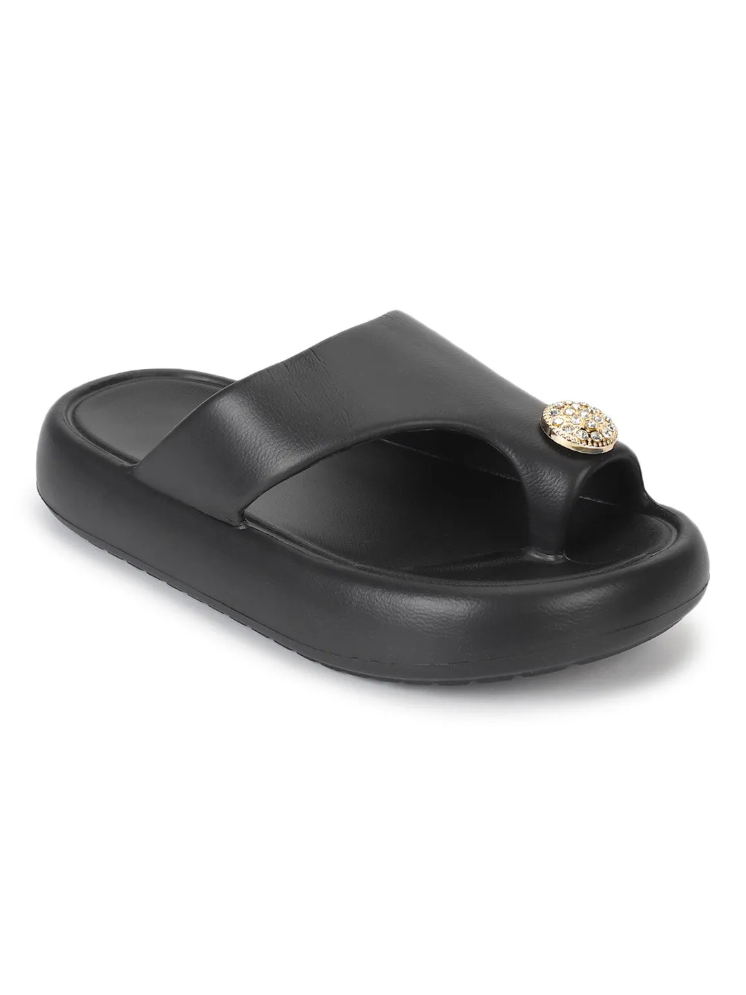 Black PU Toe Ring Slip-On Flats (TC-RS4200-BLK)
