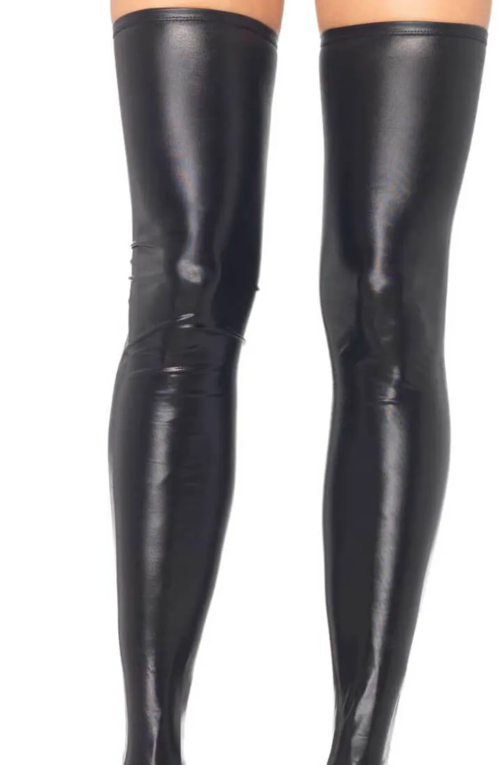 Black wet look thigh highs