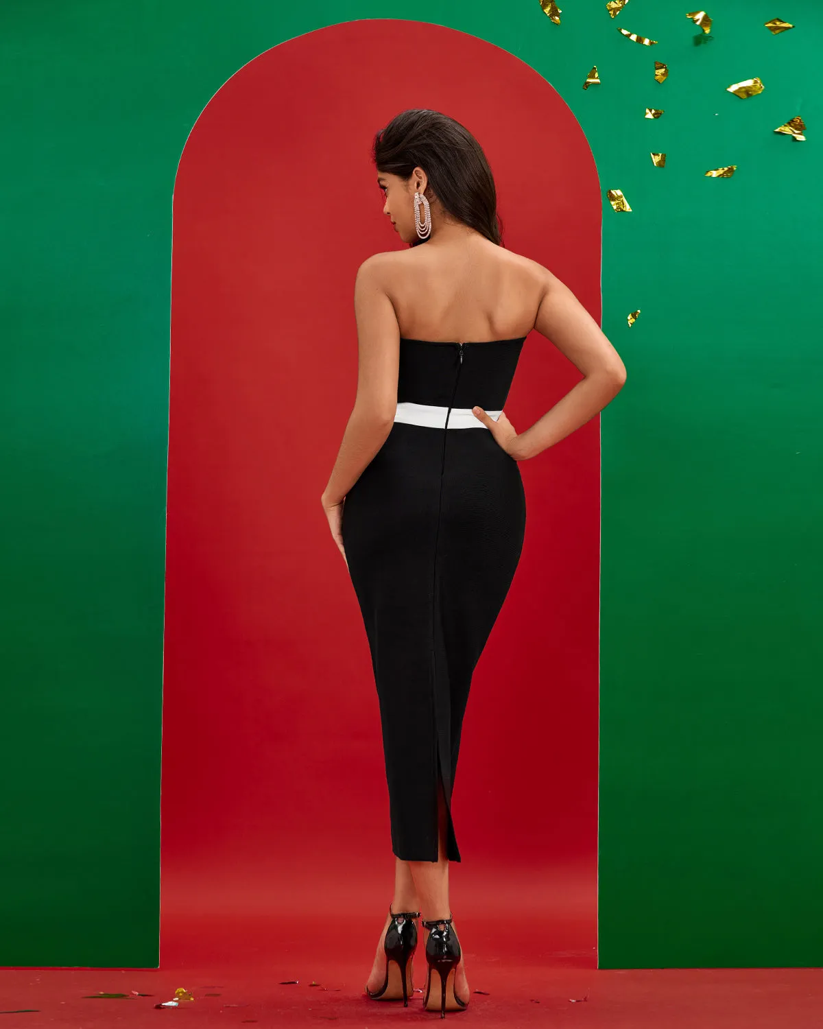 Black White Strapless Midi Bandage Dress
