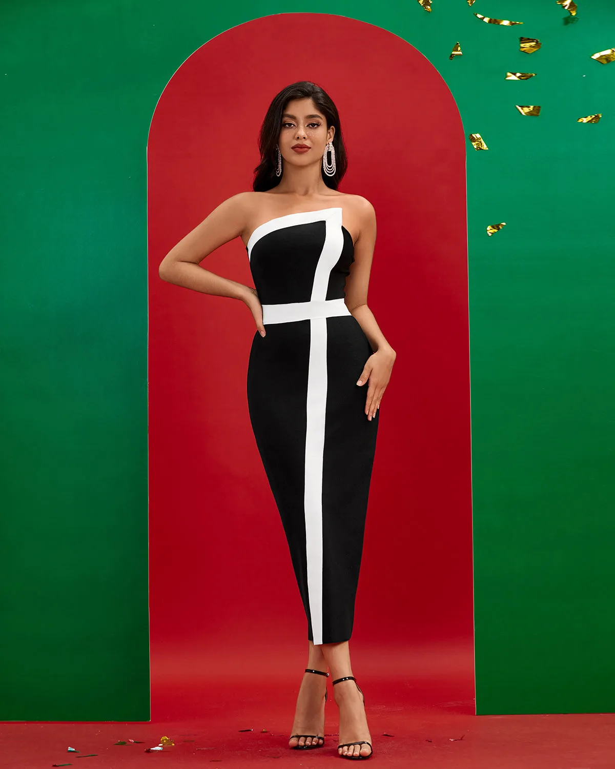 Black White Strapless Midi Bandage Dress