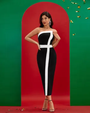 Black White Strapless Midi Bandage Dress