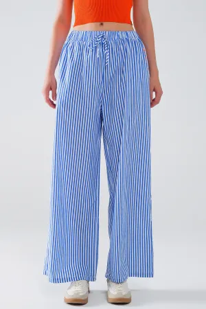 Blue Striped Pants with Elastic Waist and Pockets