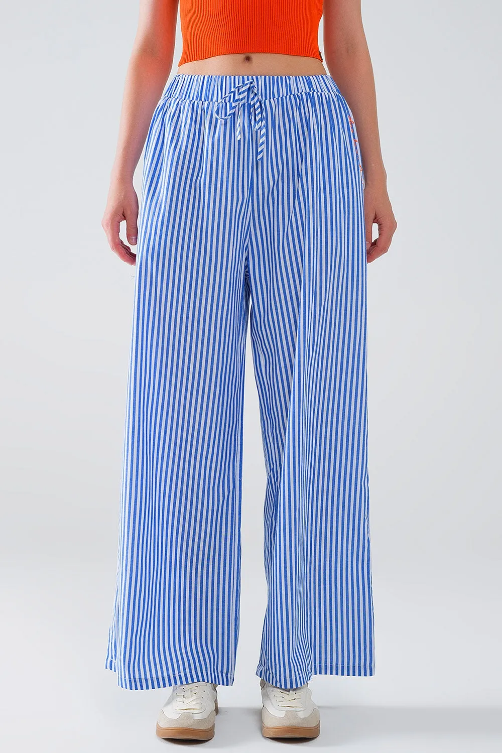 Blue Striped Pants with Elastic Waist and Pockets