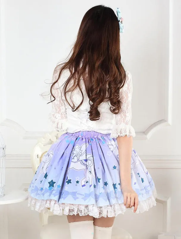 Blue Unicorn Print Lace Lolita Skirt
