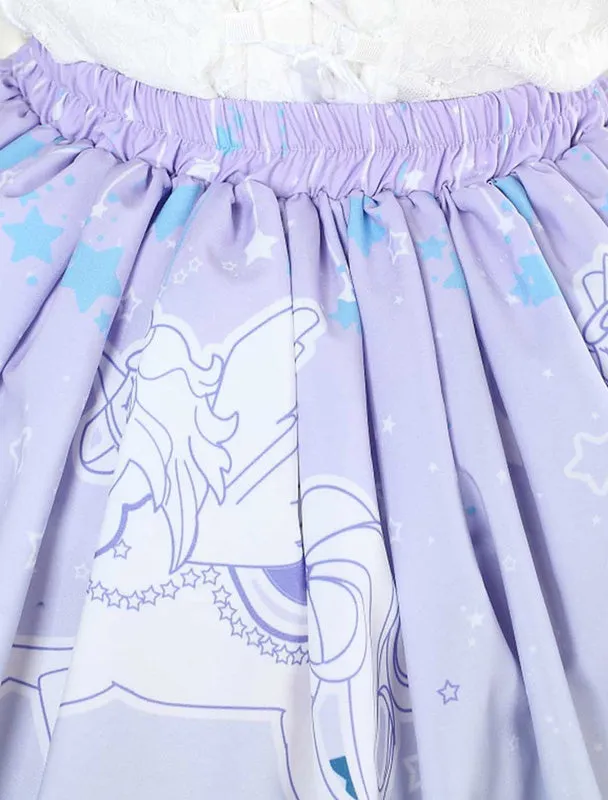 Blue Unicorn Print Lace Lolita Skirt