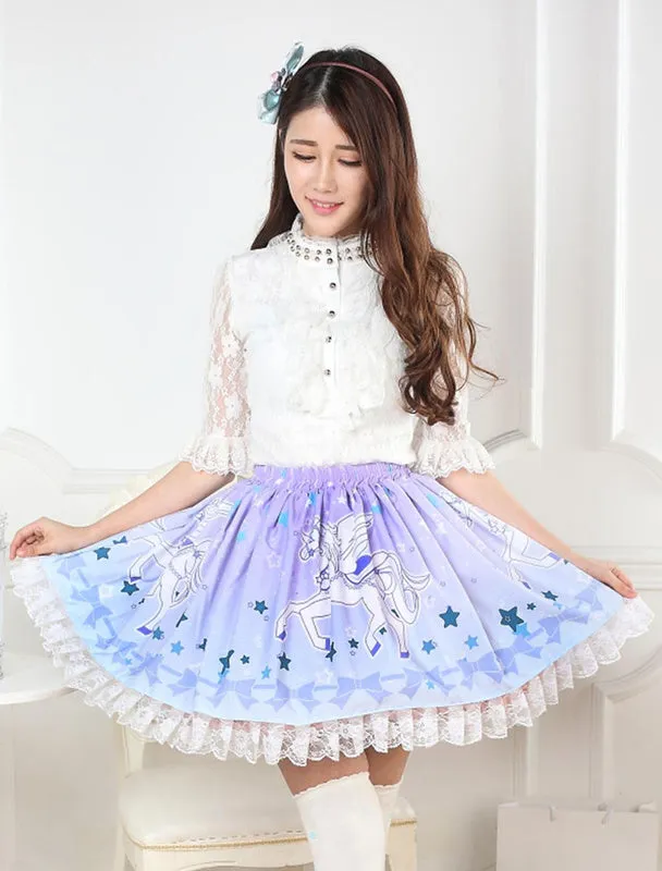 Blue Unicorn Print Lace Lolita Skirt