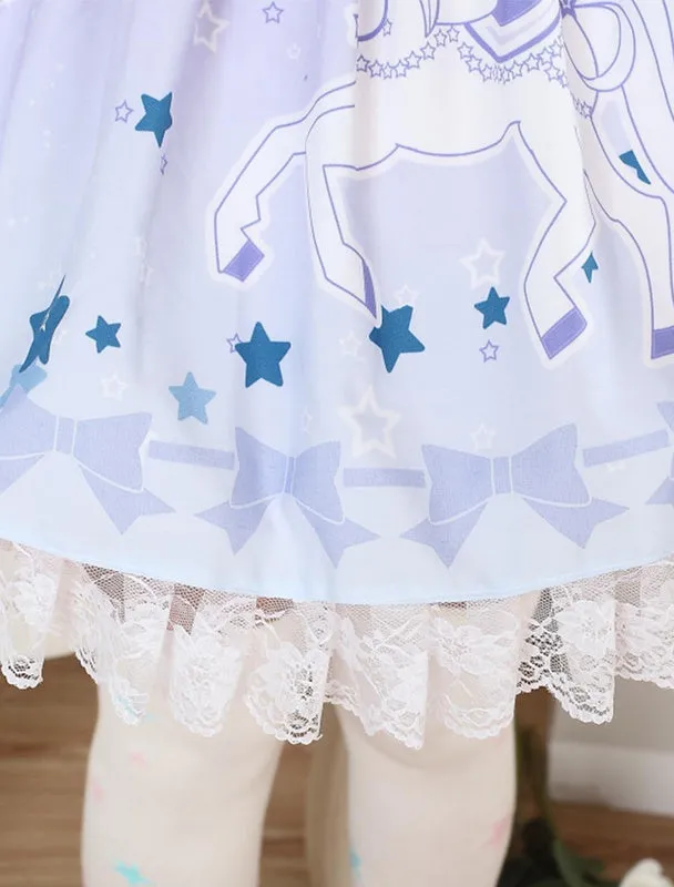 Blue Unicorn Print Lace Lolita Skirt