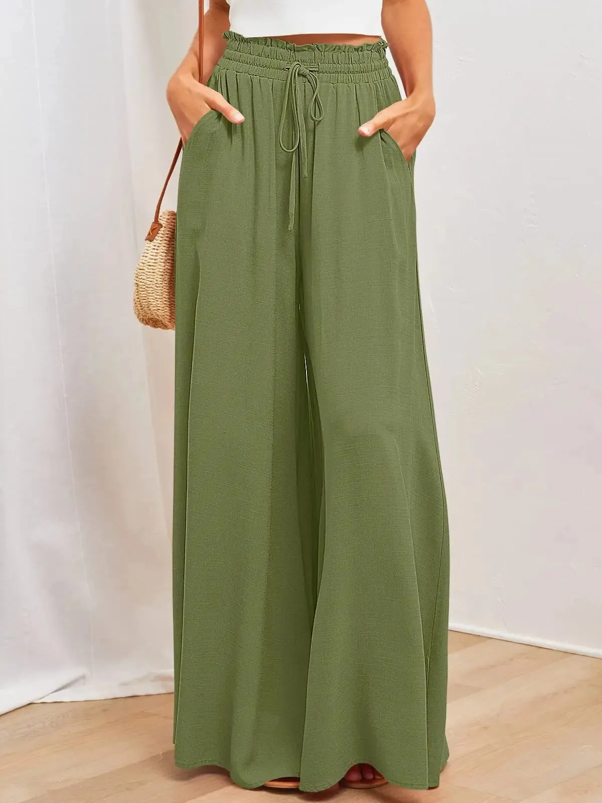 Bohemian wide leg trousers, Summer women's Wide  Leg Pants With Elastic Waistband