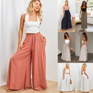 Bohemian wide leg trousers, Summer women's Wide  Leg Pants With Elastic Waistband