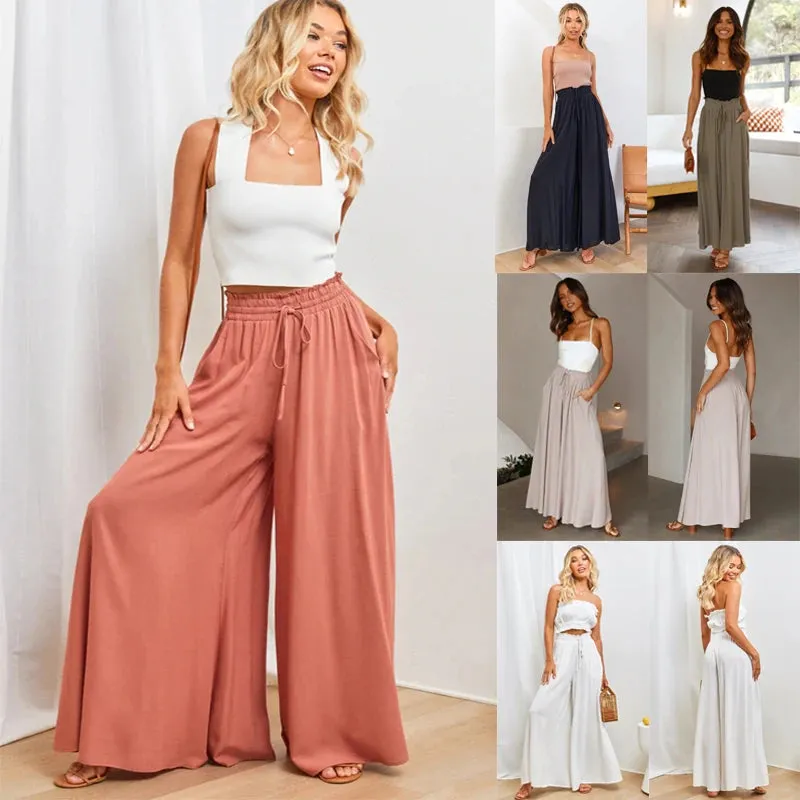 Bohemian wide leg trousers, Summer women's Wide  Leg Pants With Elastic Waistband