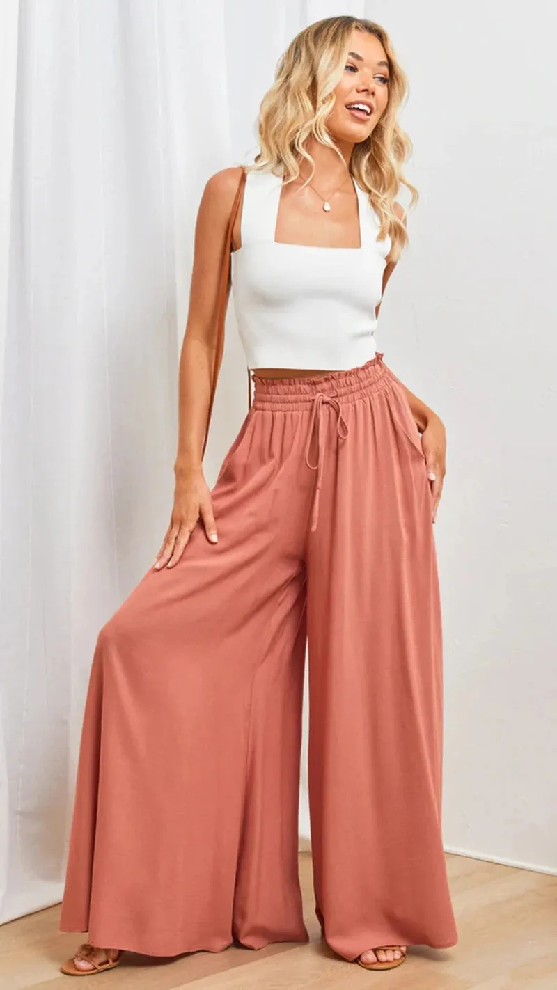 Bohemian wide leg trousers, Summer women's Wide  Leg Pants With Elastic Waistband
