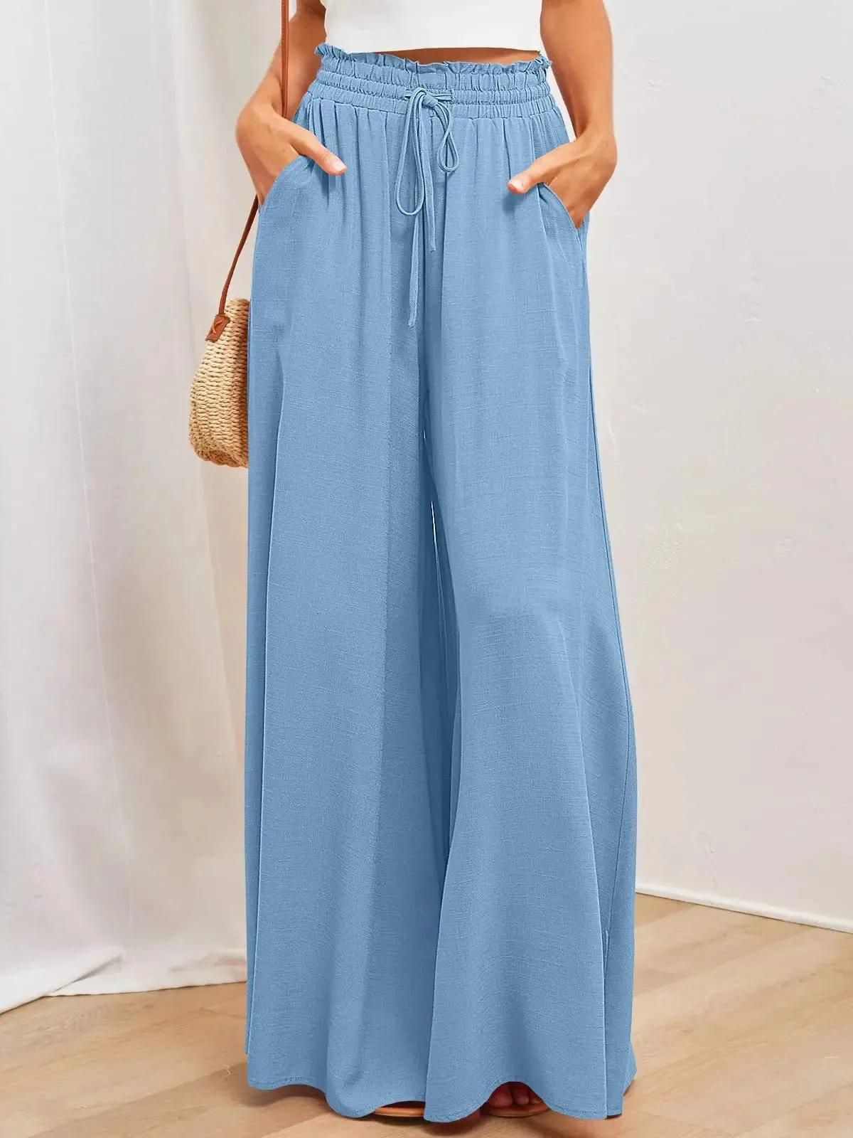 Bohemian wide leg trousers, Summer women's Wide  Leg Pants With Elastic Waistband