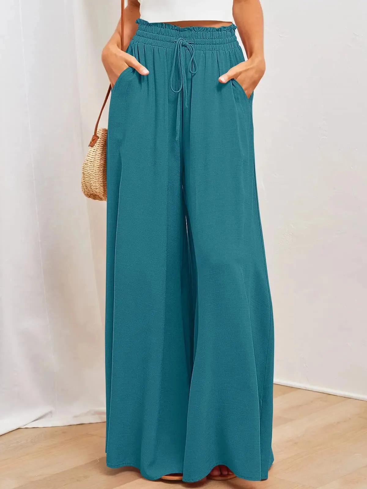 Bohemian wide leg trousers, Summer women's Wide  Leg Pants With Elastic Waistband