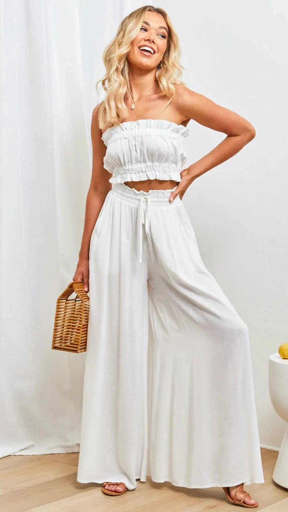 Bohemian wide leg trousers, Summer women's Wide  Leg Pants With Elastic Waistband