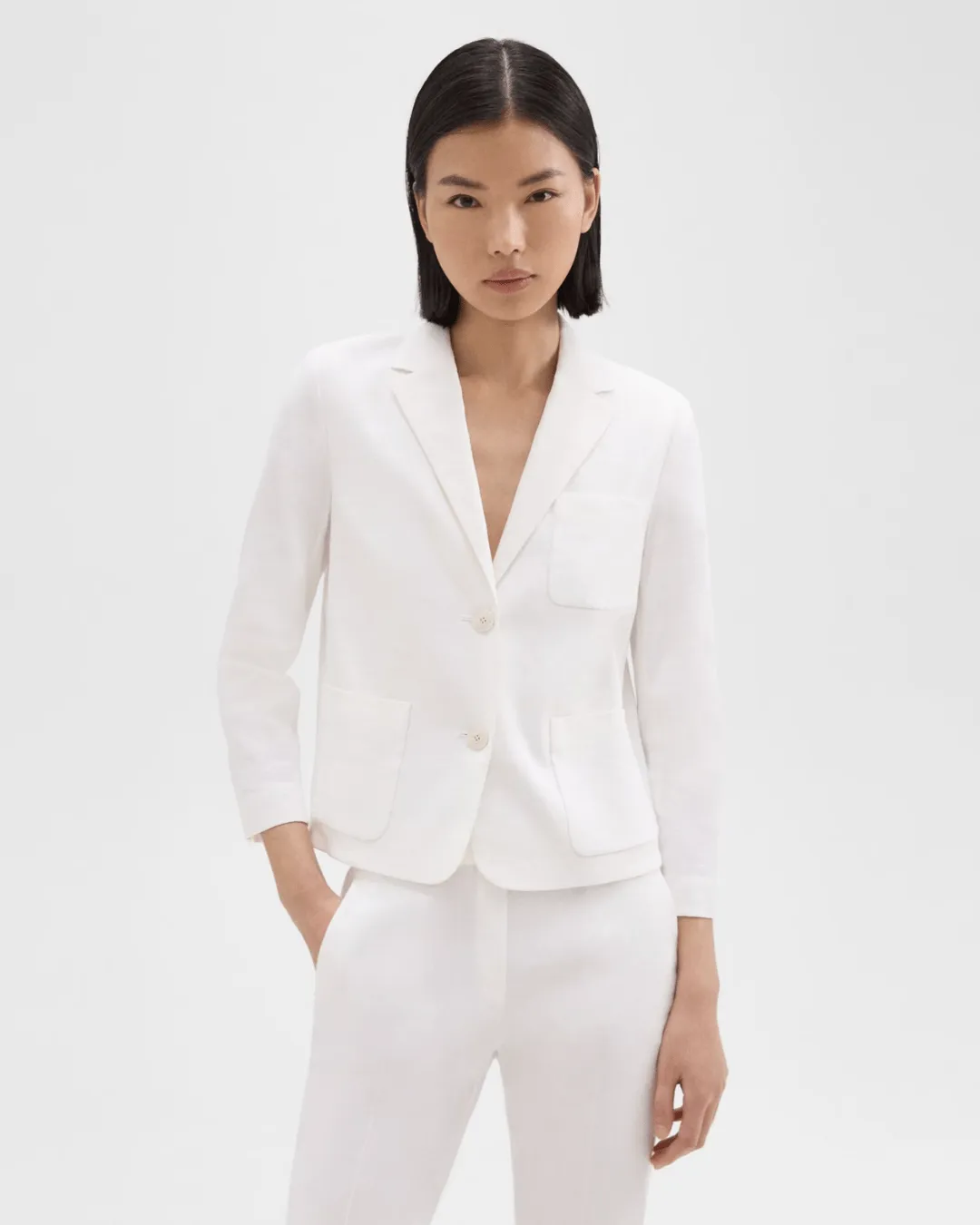 BOXY PATCH POCKET BLAZER IN STRETCH GOOD LINEN