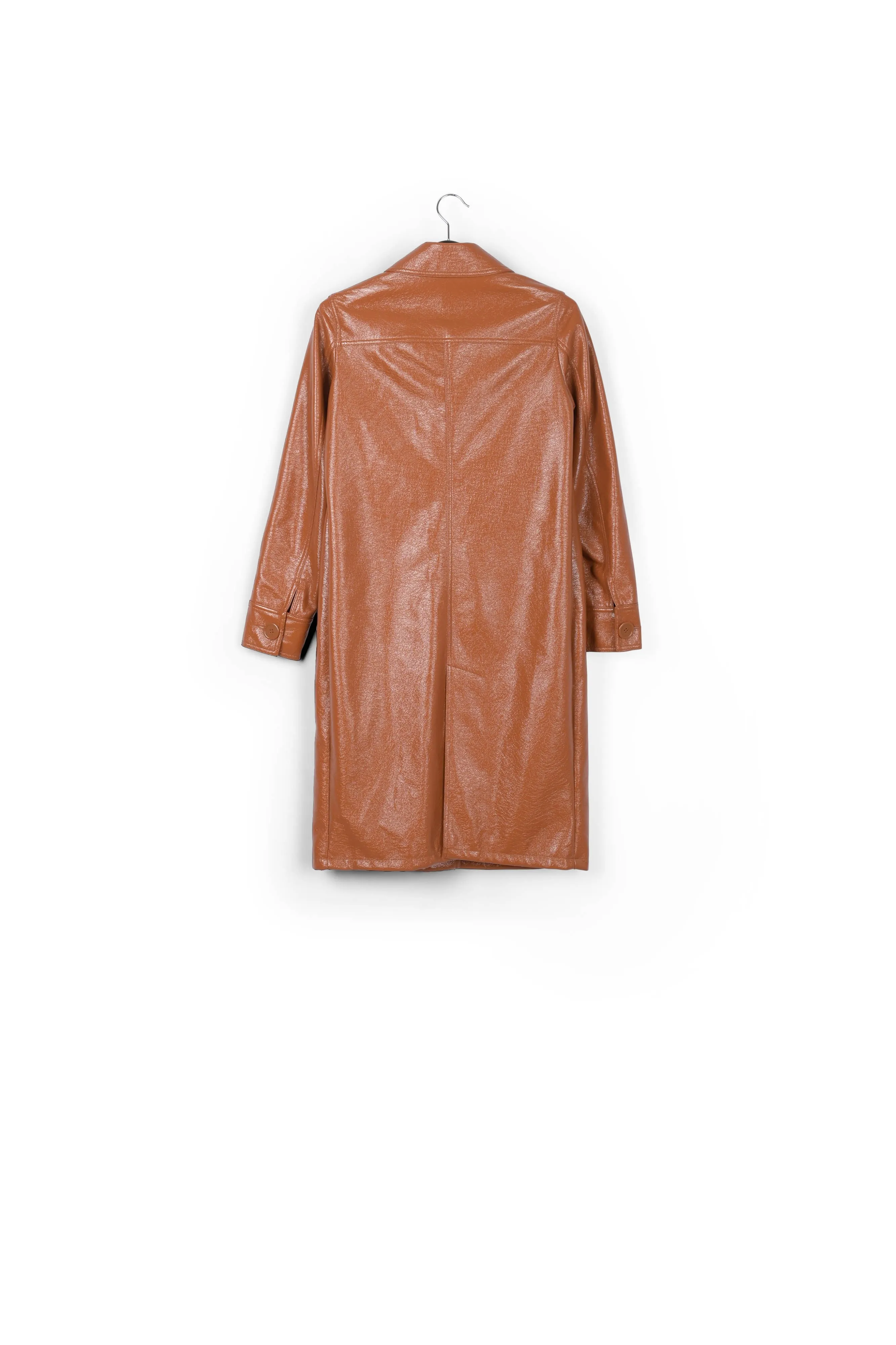 Brown faux patent-leather trench coat