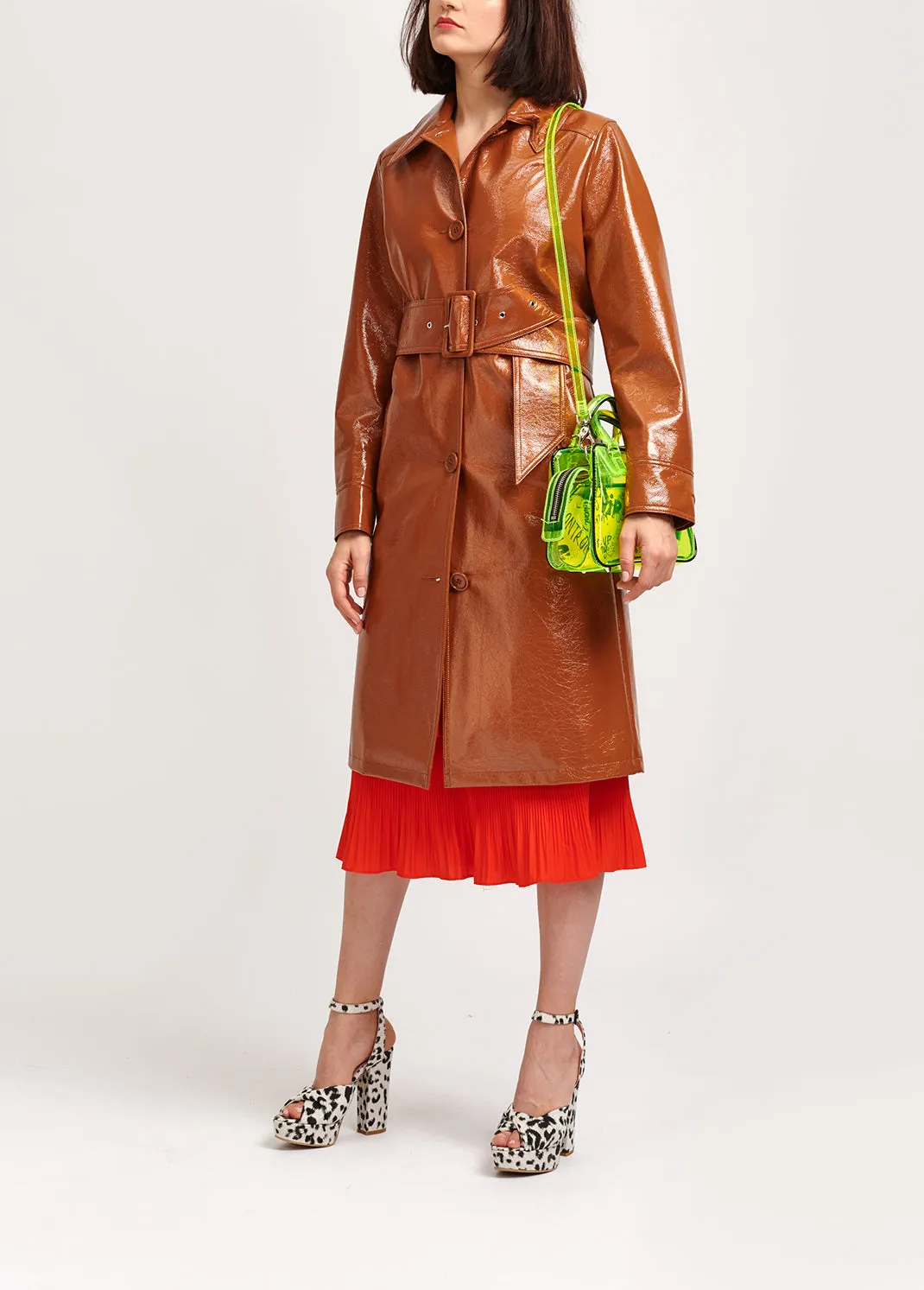 Brown faux patent-leather trench coat