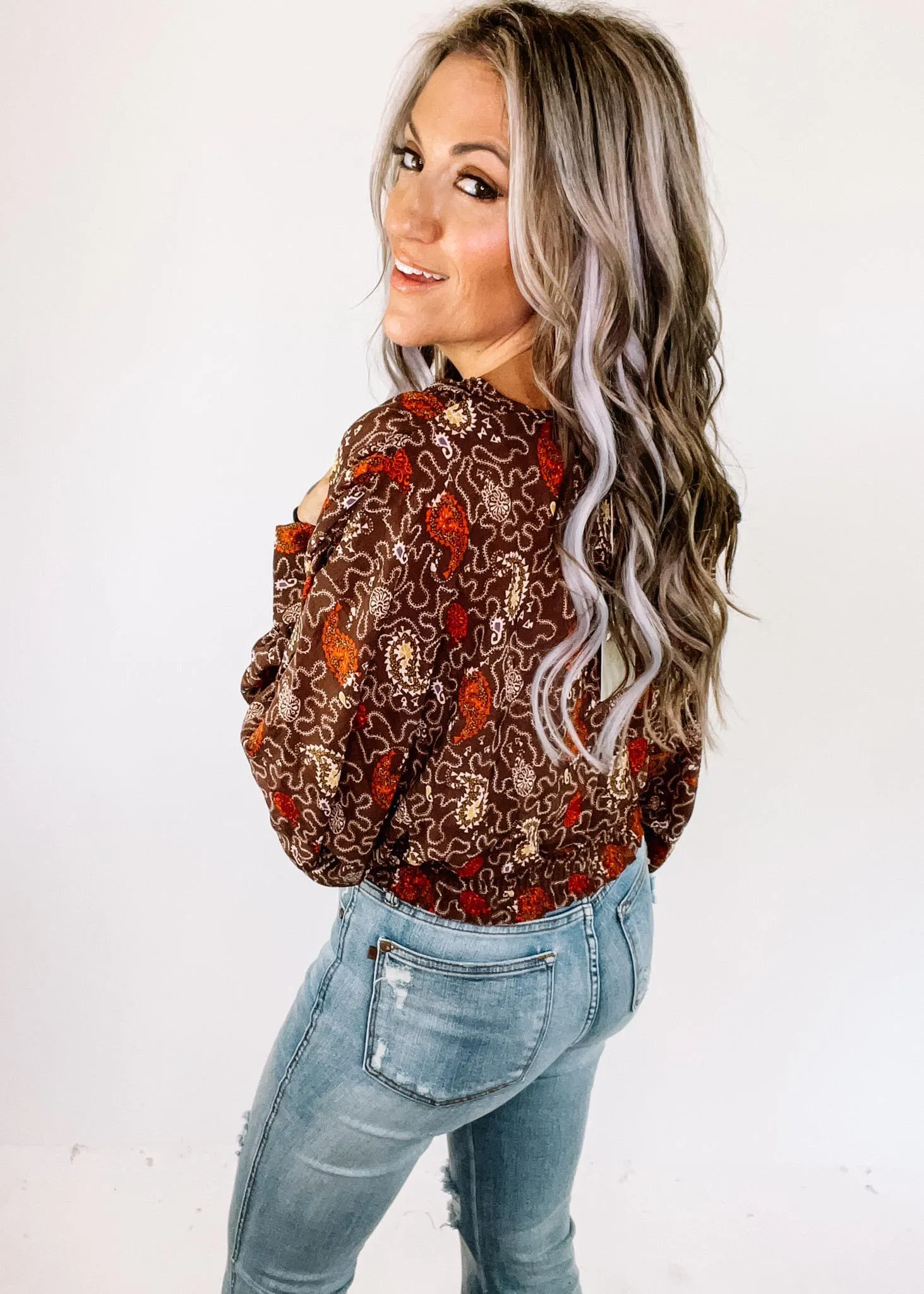 Brown Printed Faux Wrap Crop Blouse