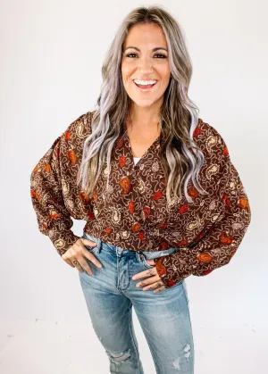 Brown Printed Faux Wrap Crop Blouse