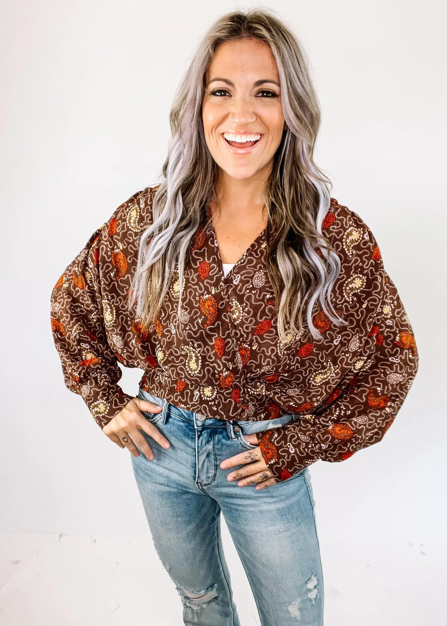 Brown Printed Faux Wrap Crop Blouse