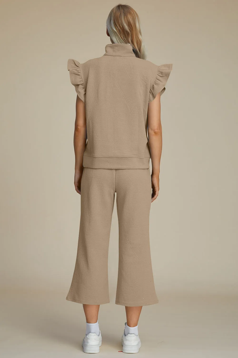 Caroline Full Size Texture Ruffle Short Sleeve Top and Wide Leg Pants Set
