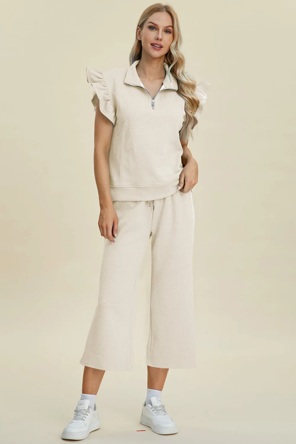Caroline Full Size Texture Ruffle Short Sleeve Top and Wide Leg Pants Set