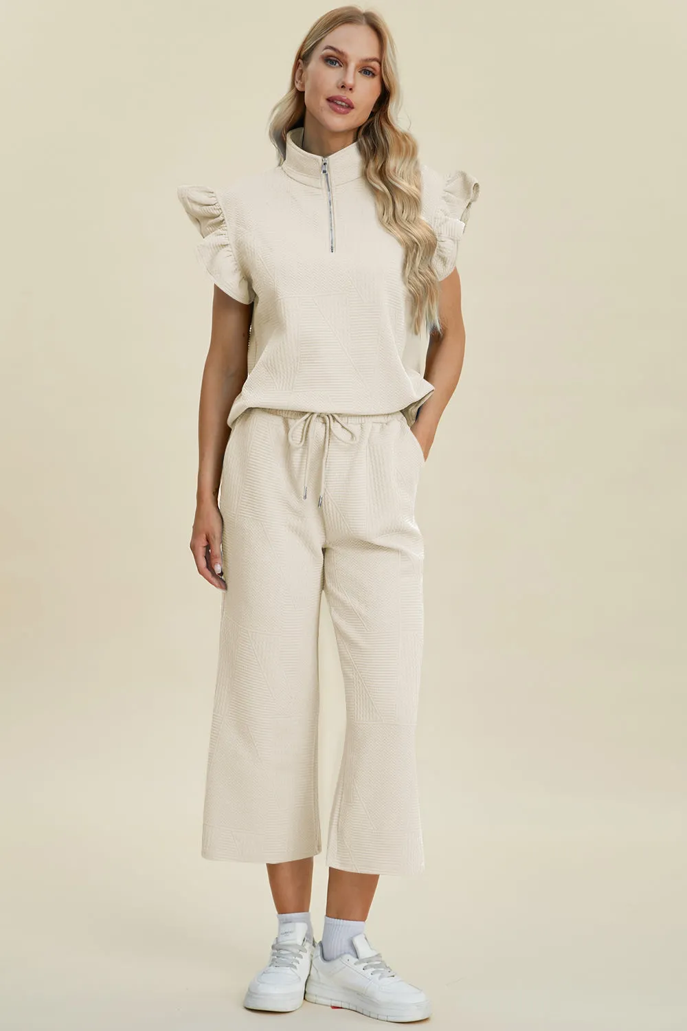 Caroline Full Size Texture Ruffle Short Sleeve Top and Wide Leg Pants Set
