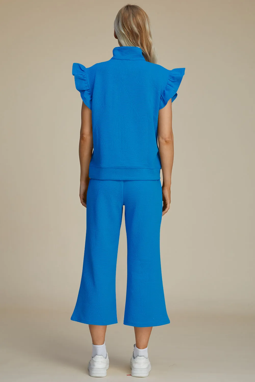 Caroline Full Size Texture Ruffle Short Sleeve Top and Wide Leg Pants Set