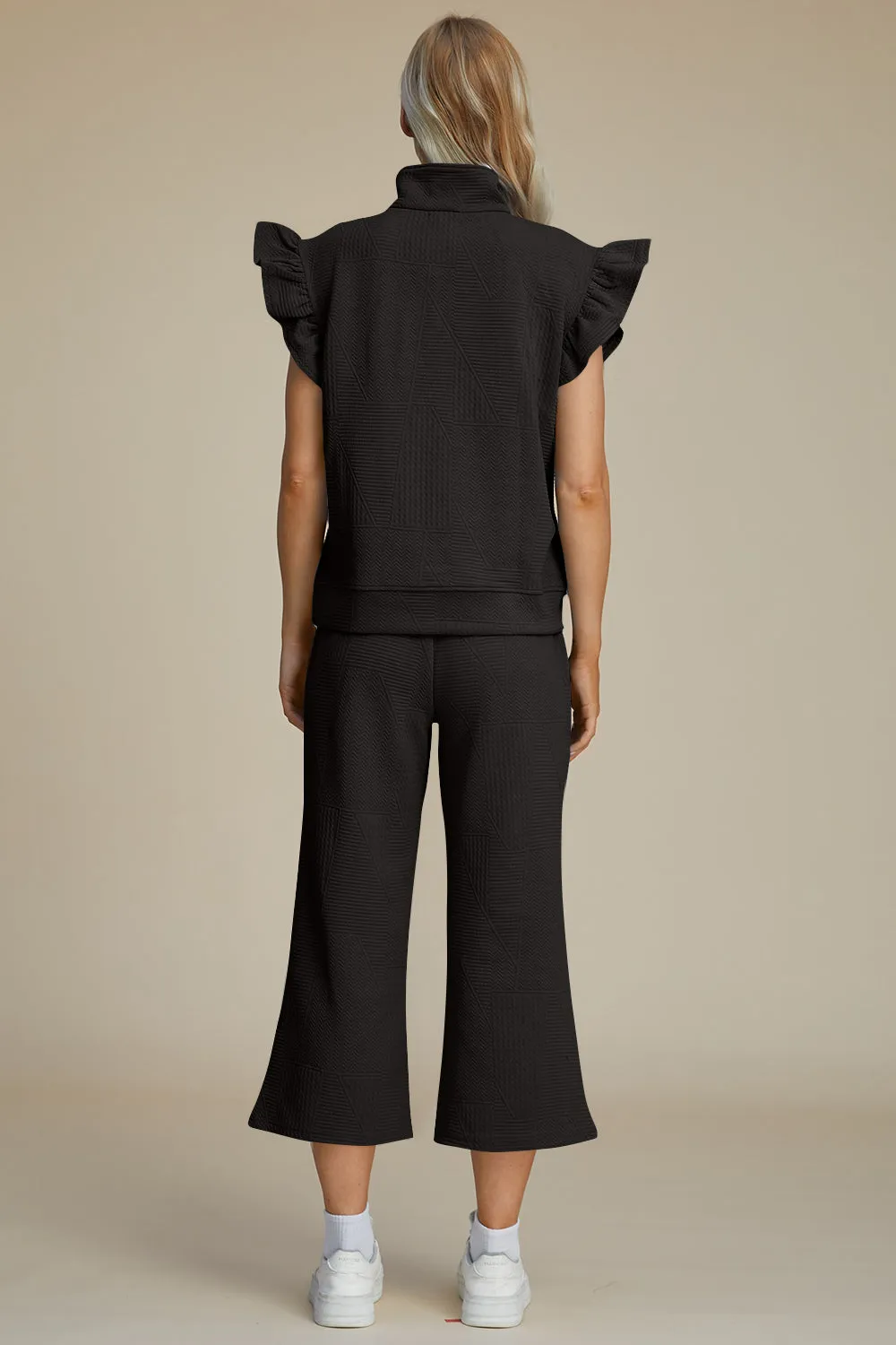 Caroline Full Size Texture Ruffle Short Sleeve Top and Wide Leg Pants Set