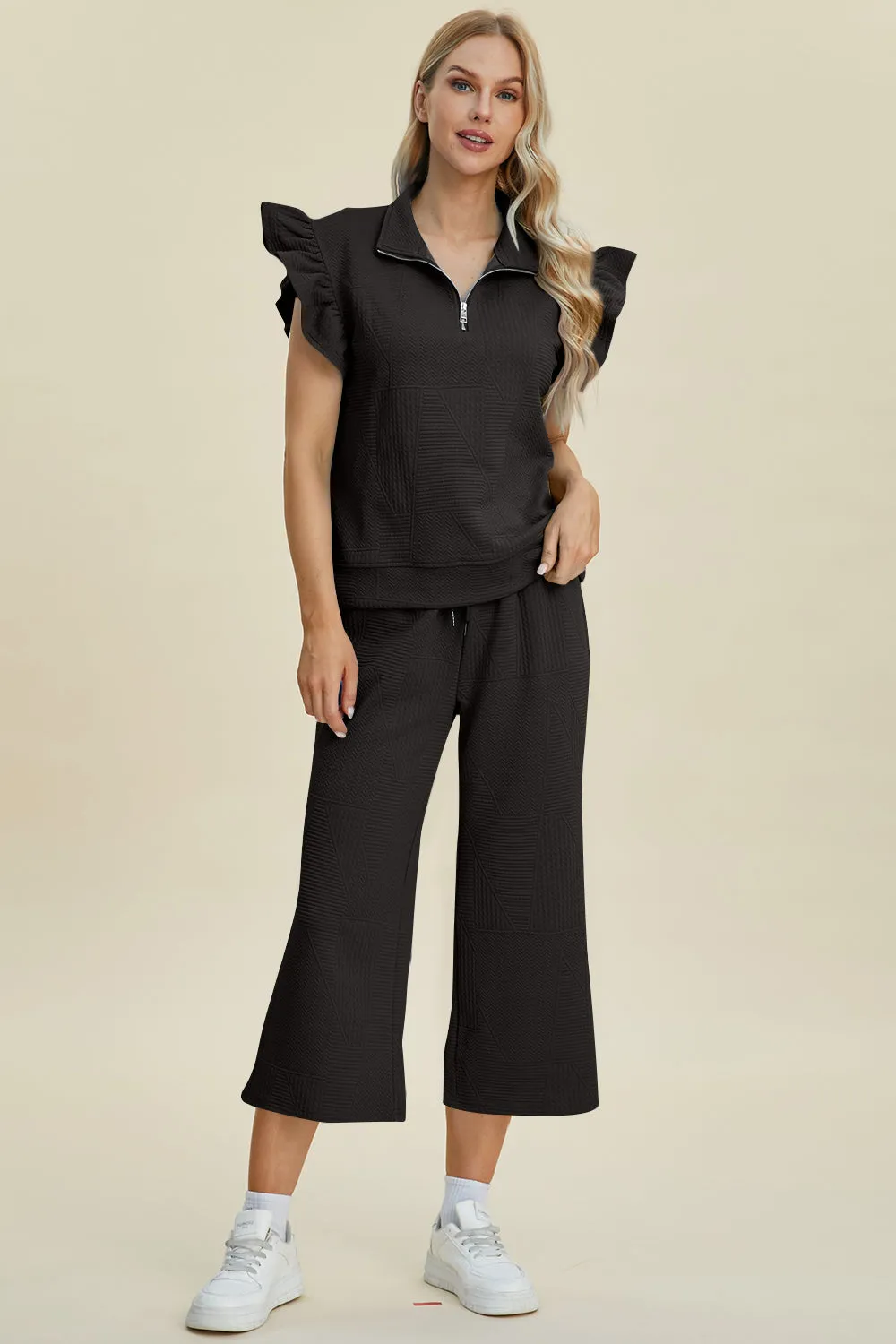 Caroline Full Size Texture Ruffle Short Sleeve Top and Wide Leg Pants Set
