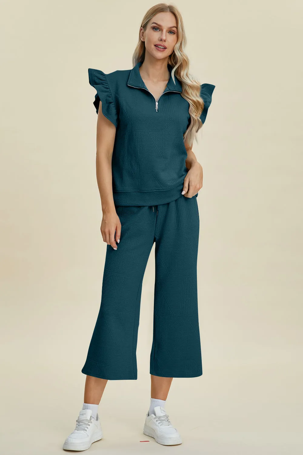 Caroline Full Size Texture Ruffle Short Sleeve Top and Wide Leg Pants Set