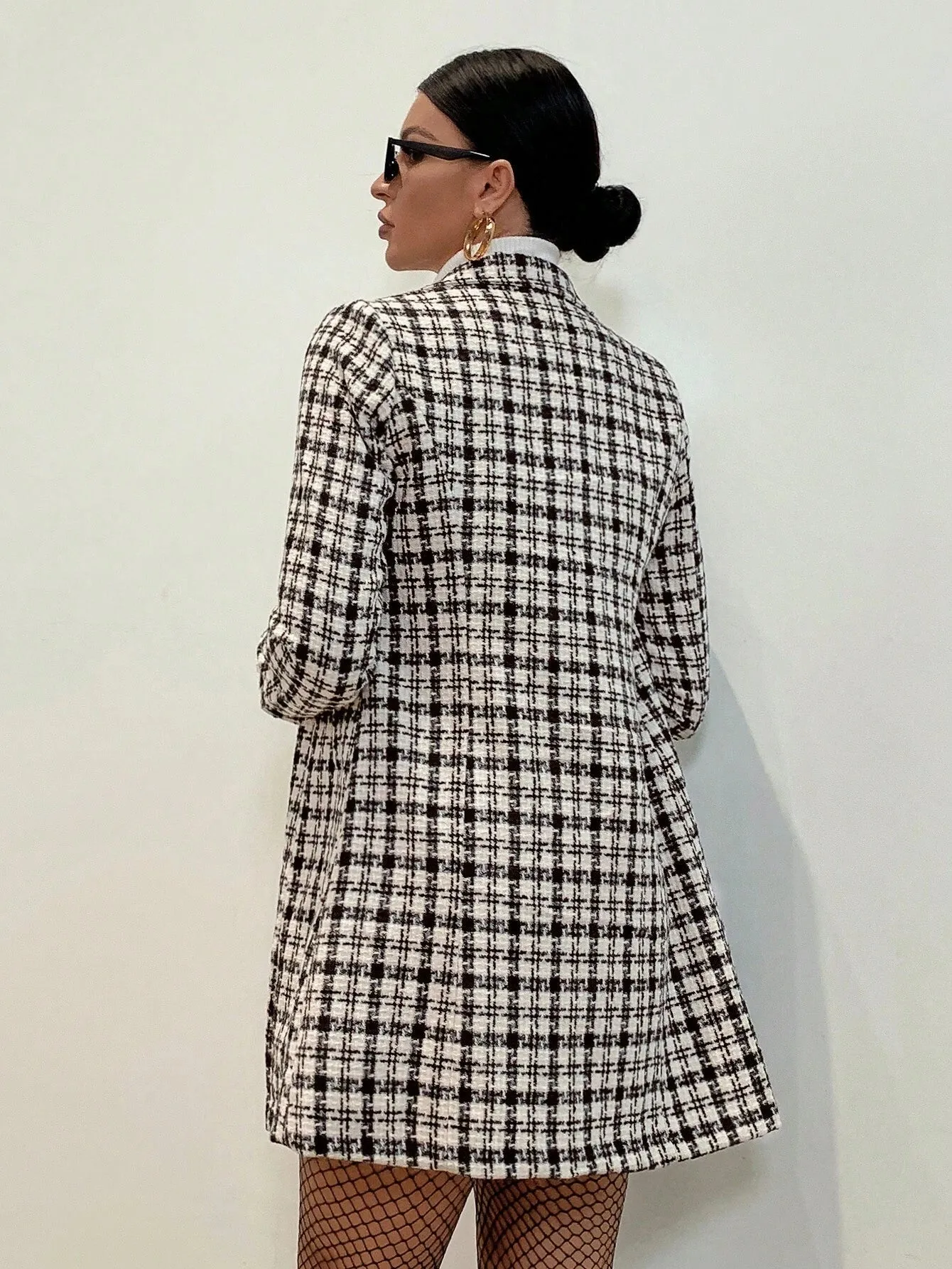 Chic Plaid Pattern Double Breasted Tweed Overcoat