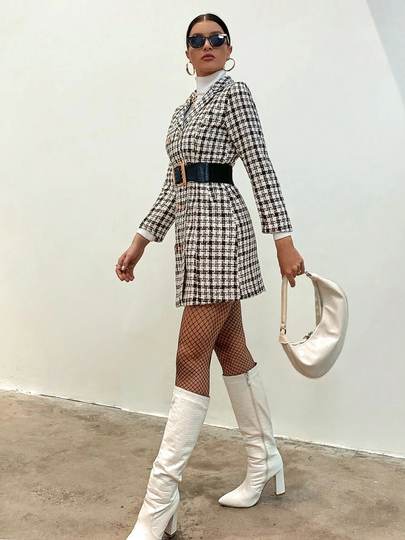 Chic Plaid Pattern Double Breasted Tweed Overcoat