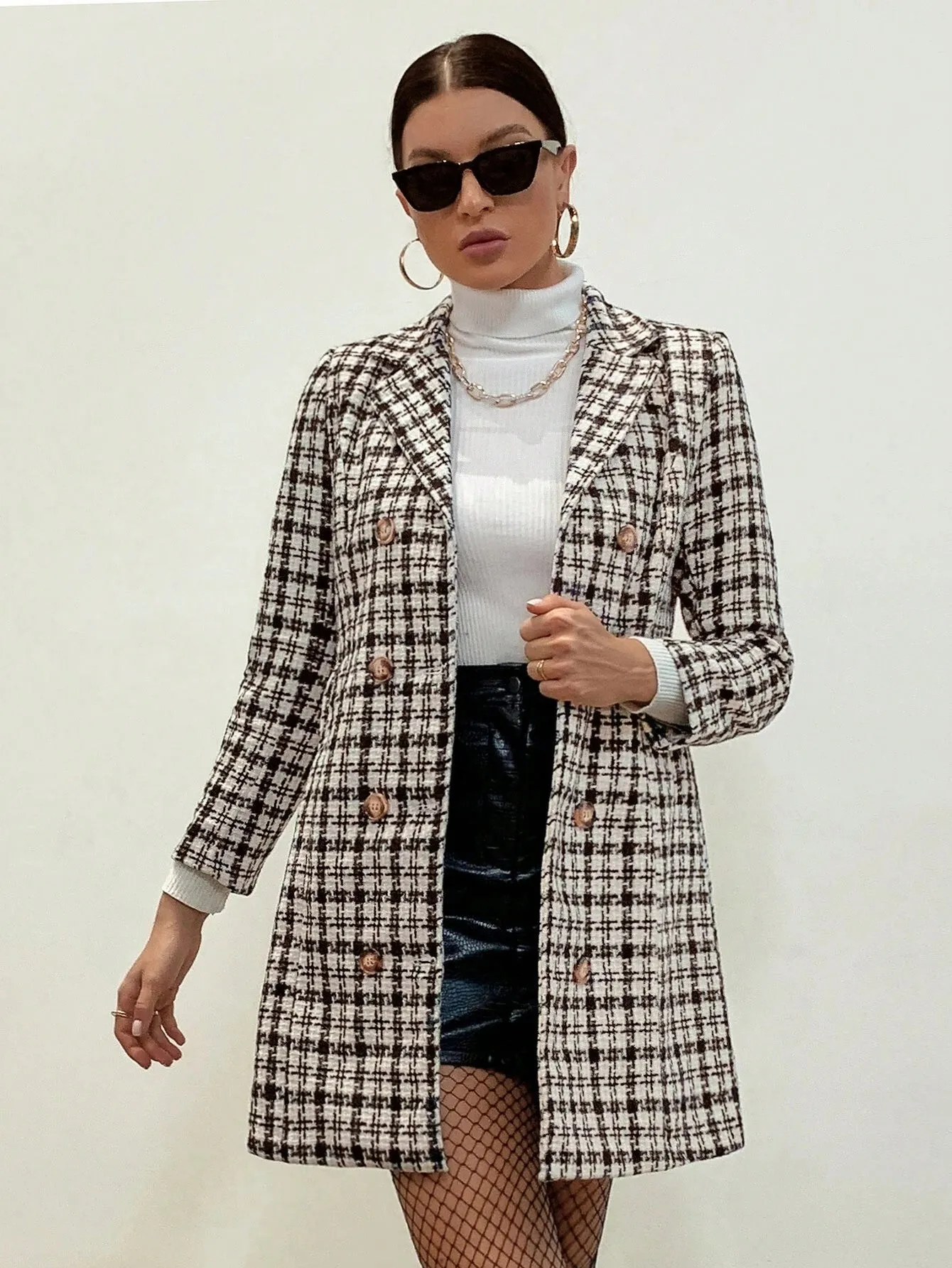 Chic Plaid Pattern Double Breasted Tweed Overcoat