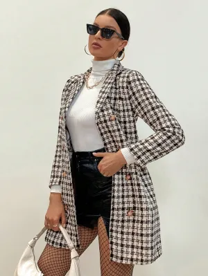Chic Plaid Pattern Double Breasted Tweed Overcoat