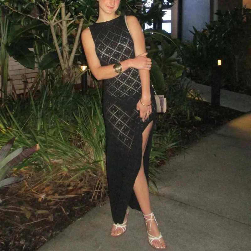Chic Women Sleeveless Split Side Long Dress Diamond Crochet Hollow Out Midi Dress Elegant Lady Slim Fit Bodycon Holiday Party