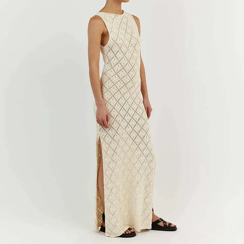 Chic Women Sleeveless Split Side Long Dress Diamond Crochet Hollow Out Midi Dress Elegant Lady Slim Fit Bodycon Holiday Party