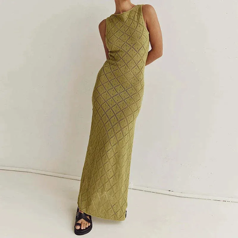 Chic Women Sleeveless Split Side Long Dress Diamond Crochet Hollow Out Midi Dress Elegant Lady Slim Fit Bodycon Holiday Party