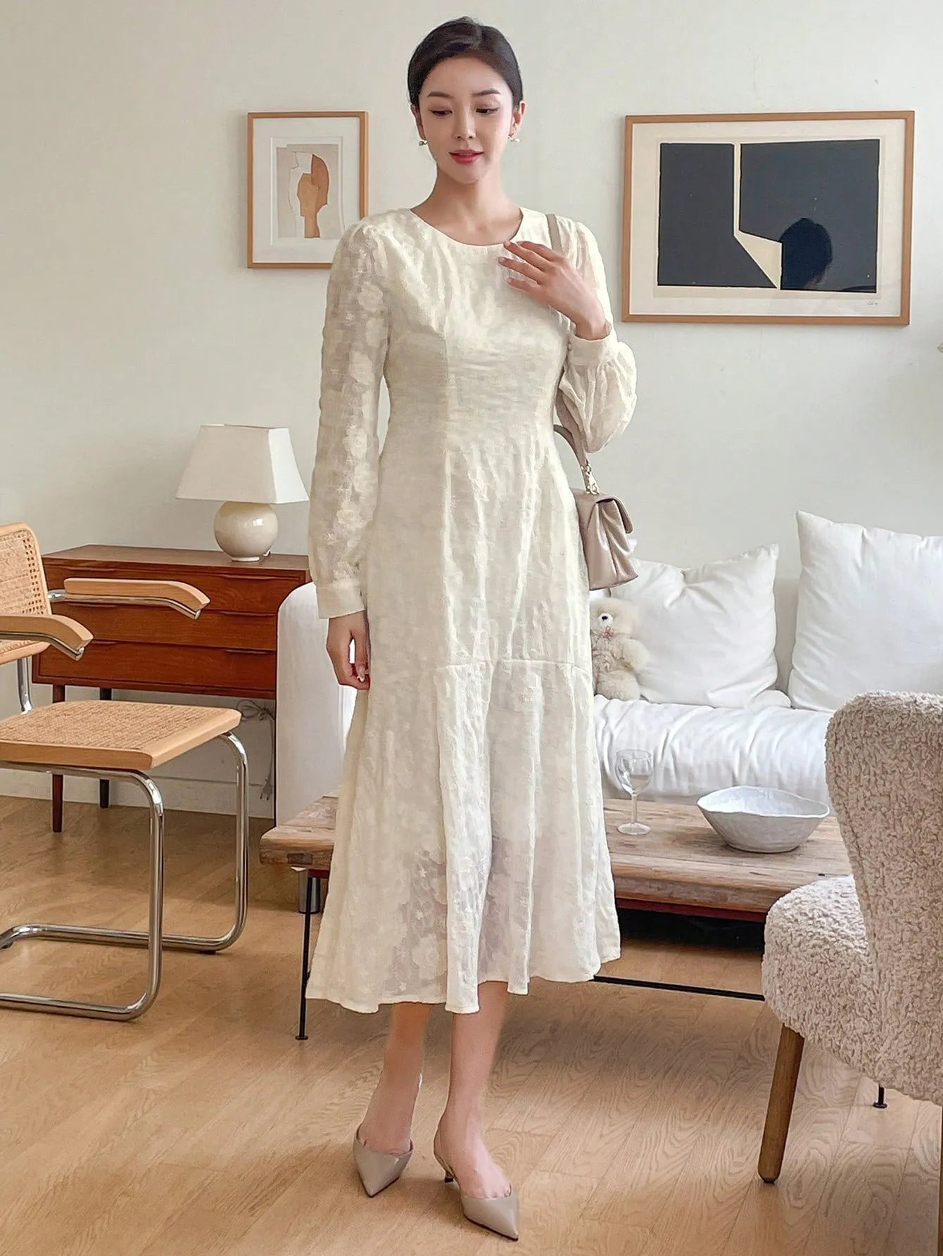CM-DS199966 Women Elegant Seoul Style Solid Color Lace Puff Sleeve Fishtail Midi Dress - Beige