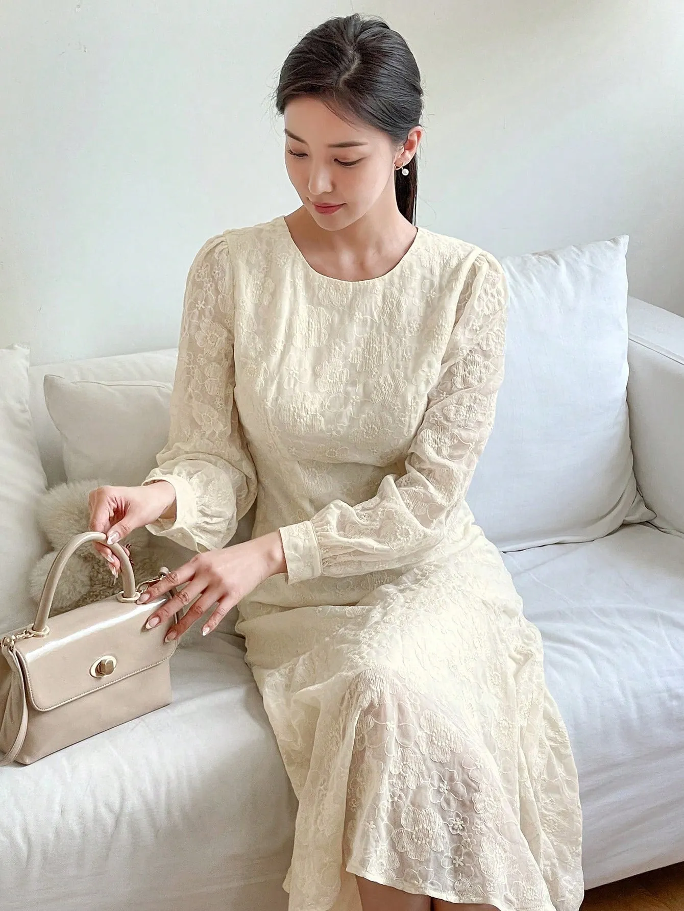 CM-DS199966 Women Elegant Seoul Style Solid Color Lace Puff Sleeve Fishtail Midi Dress - Beige