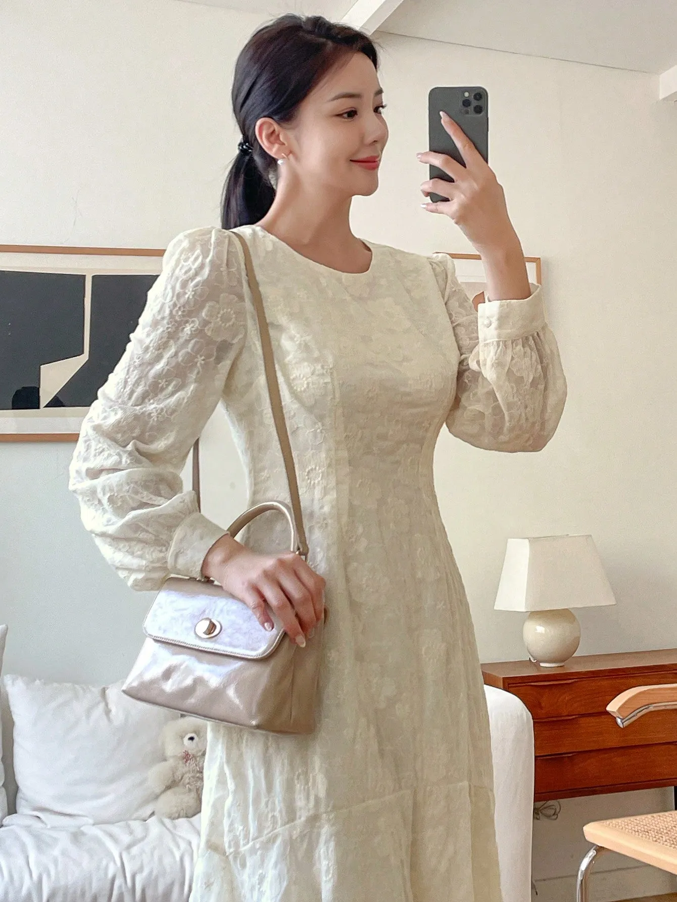CM-DS199966 Women Elegant Seoul Style Solid Color Lace Puff Sleeve Fishtail Midi Dress - Beige
