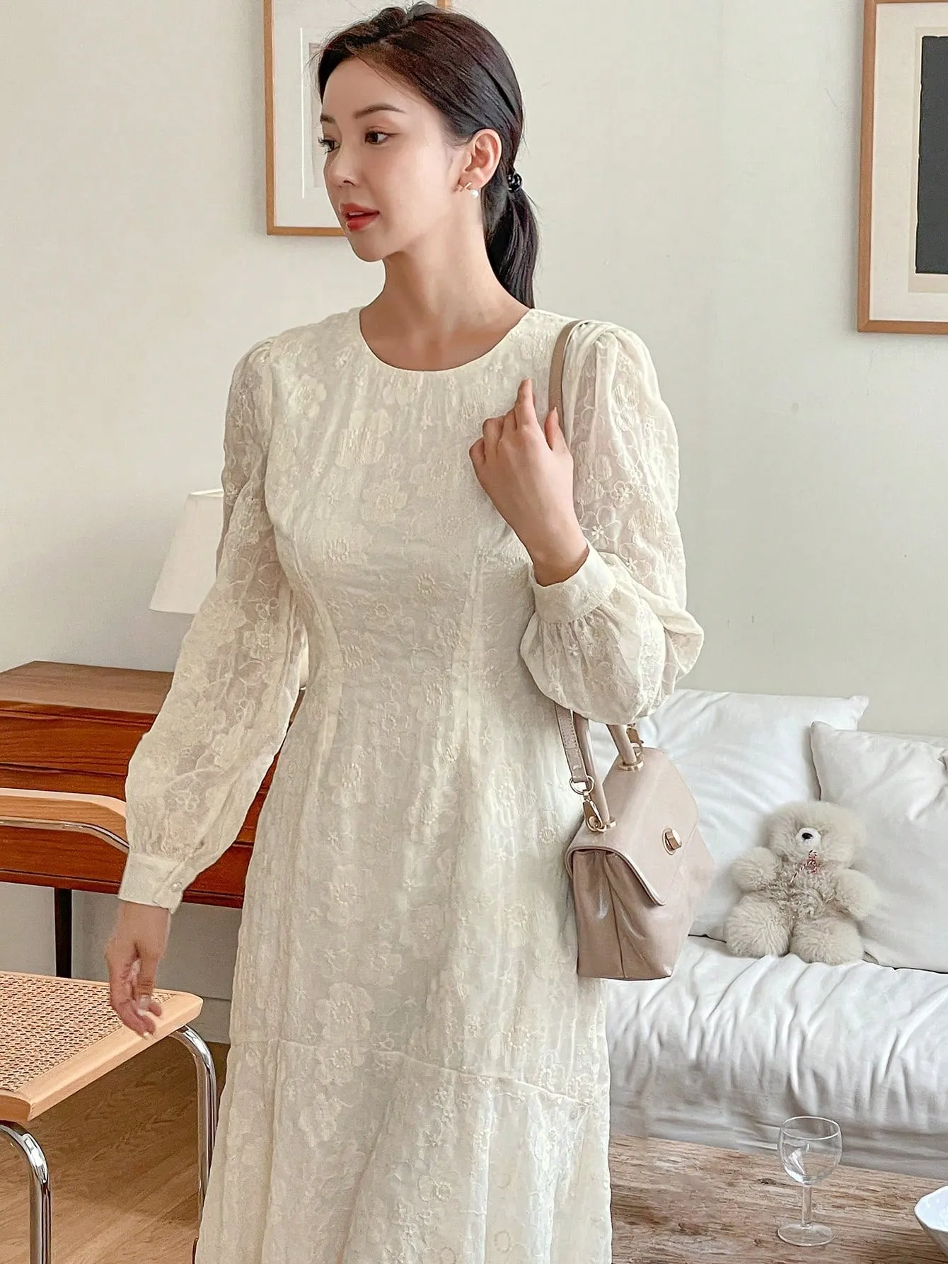 CM-DS199966 Women Elegant Seoul Style Solid Color Lace Puff Sleeve Fishtail Midi Dress - Beige