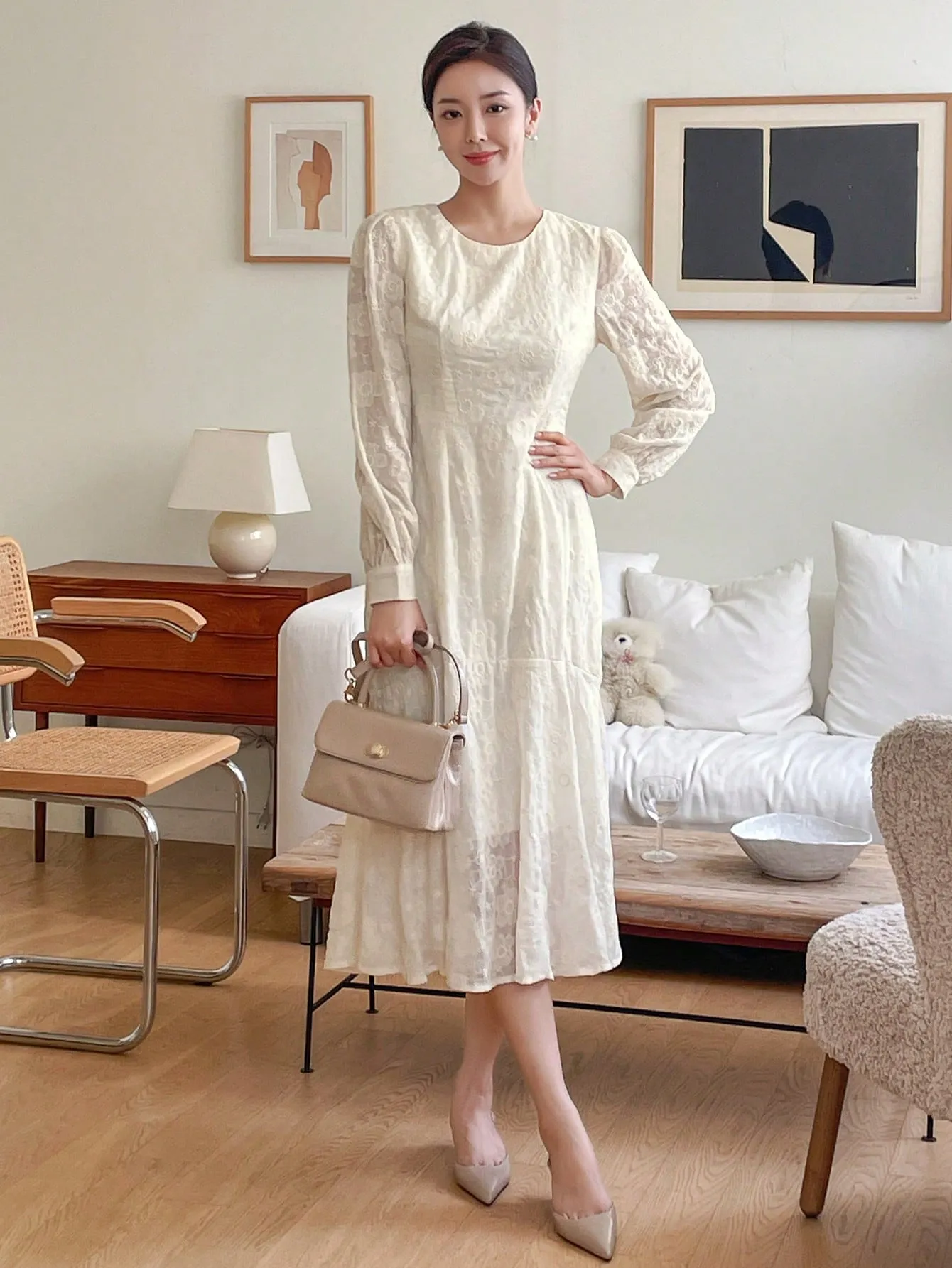 CM-DS199966 Women Elegant Seoul Style Solid Color Lace Puff Sleeve Fishtail Midi Dress - Beige