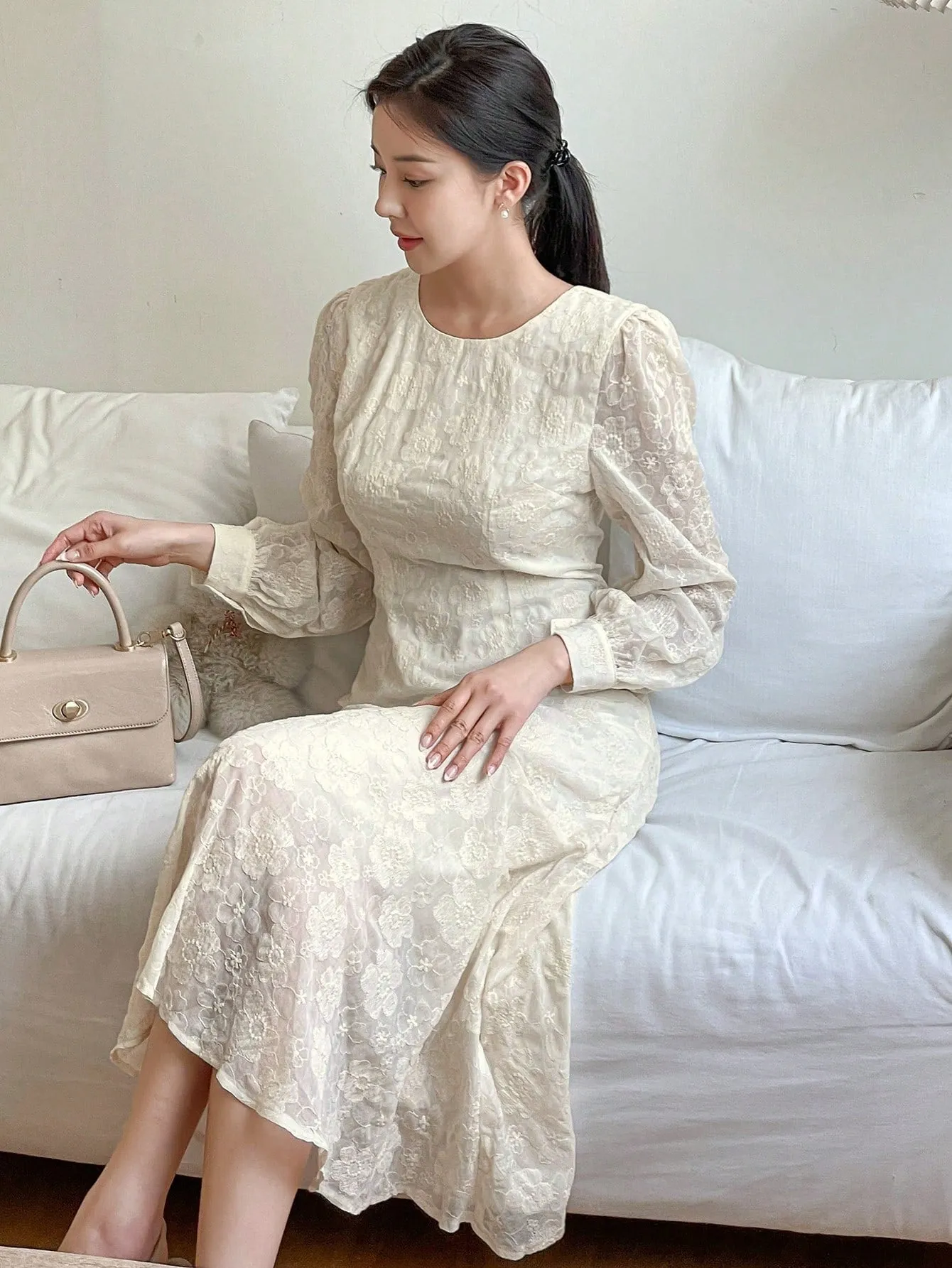 CM-DS199966 Women Elegant Seoul Style Solid Color Lace Puff Sleeve Fishtail Midi Dress - Beige