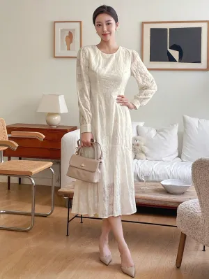 CM-DS199966 Women Elegant Seoul Style Solid Color Lace Puff Sleeve Fishtail Midi Dress - Beige