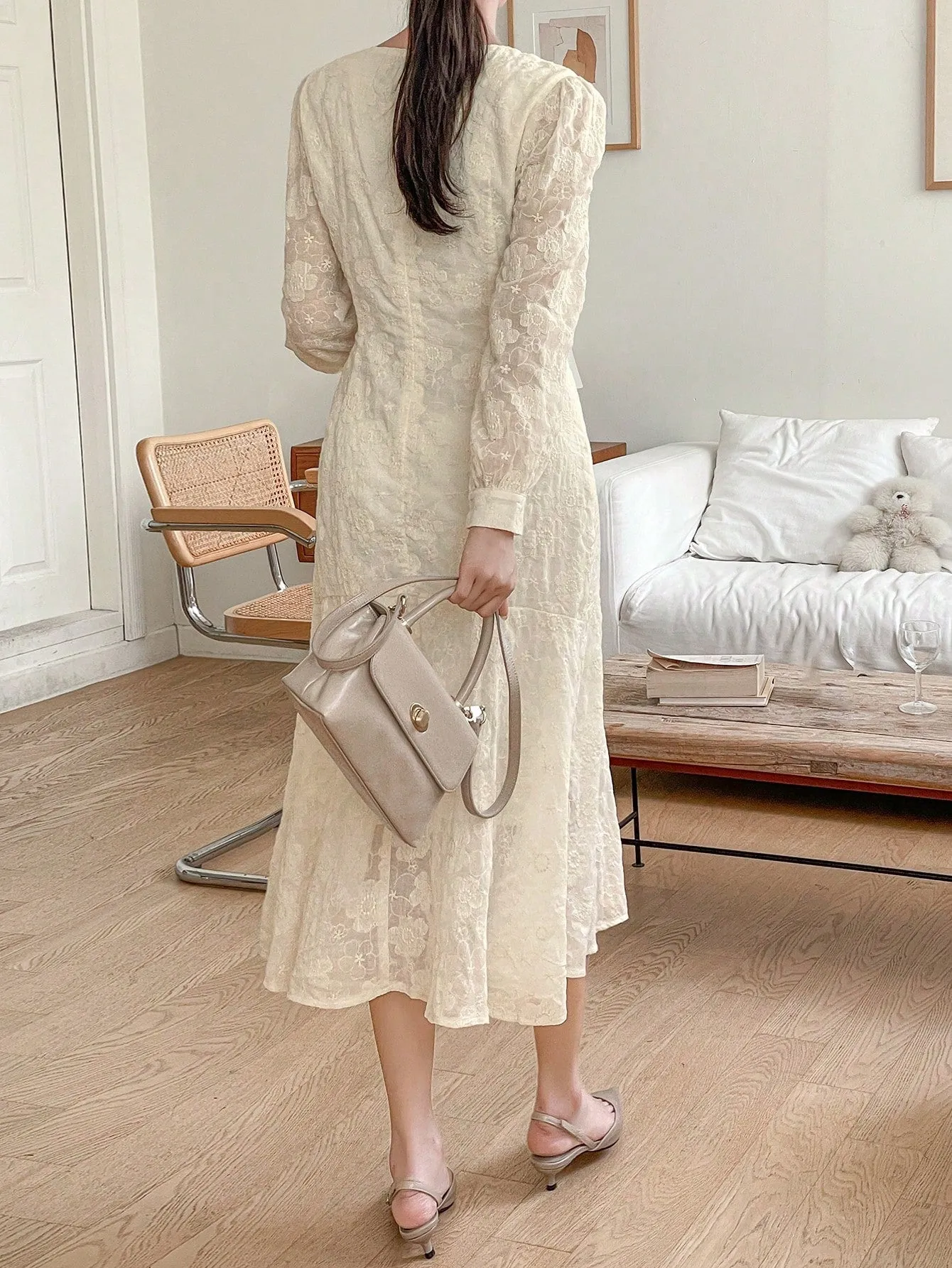 CM-DS199966 Women Elegant Seoul Style Solid Color Lace Puff Sleeve Fishtail Midi Dress - Beige