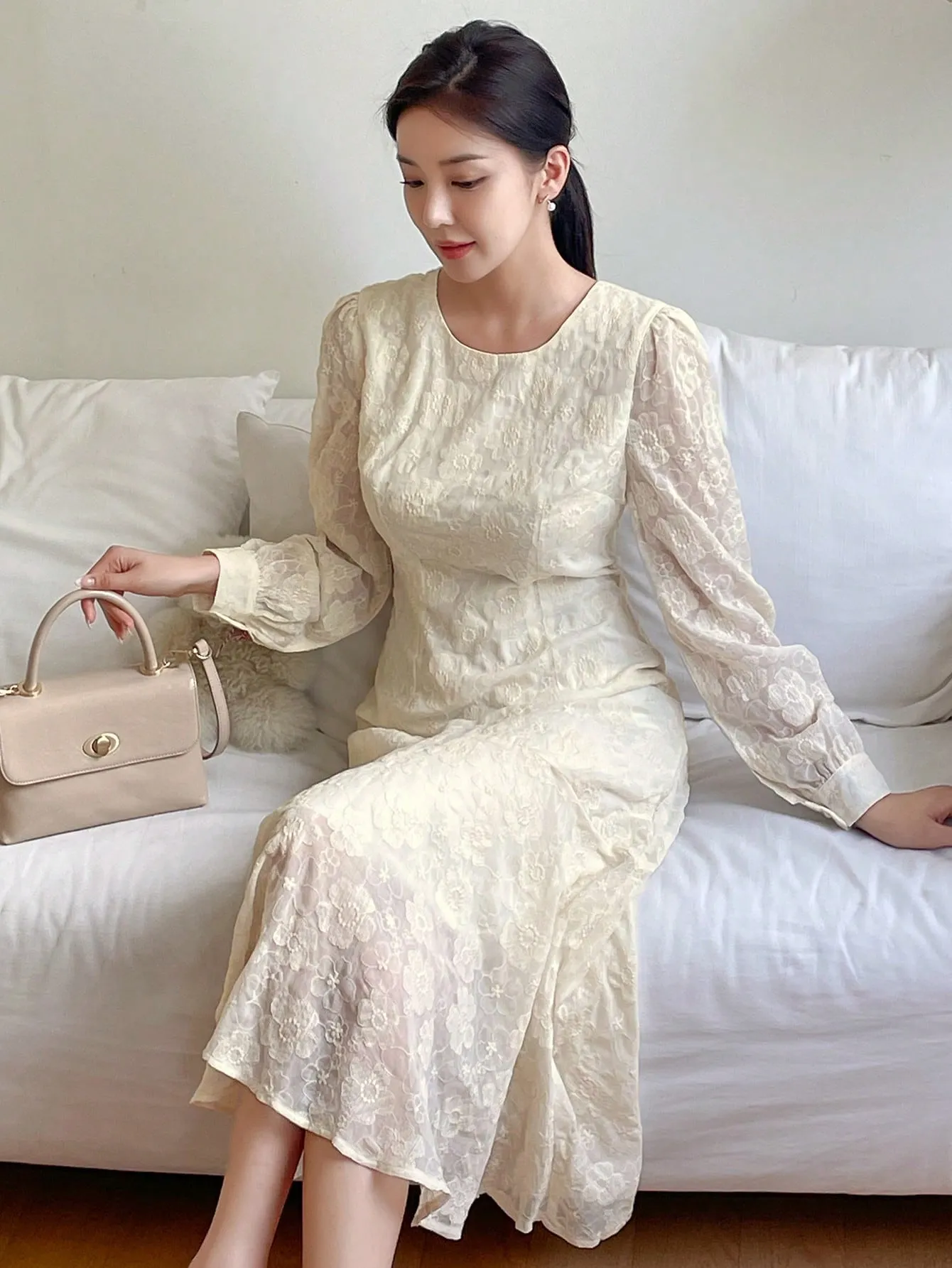 CM-DS199966 Women Elegant Seoul Style Solid Color Lace Puff Sleeve Fishtail Midi Dress - Beige
