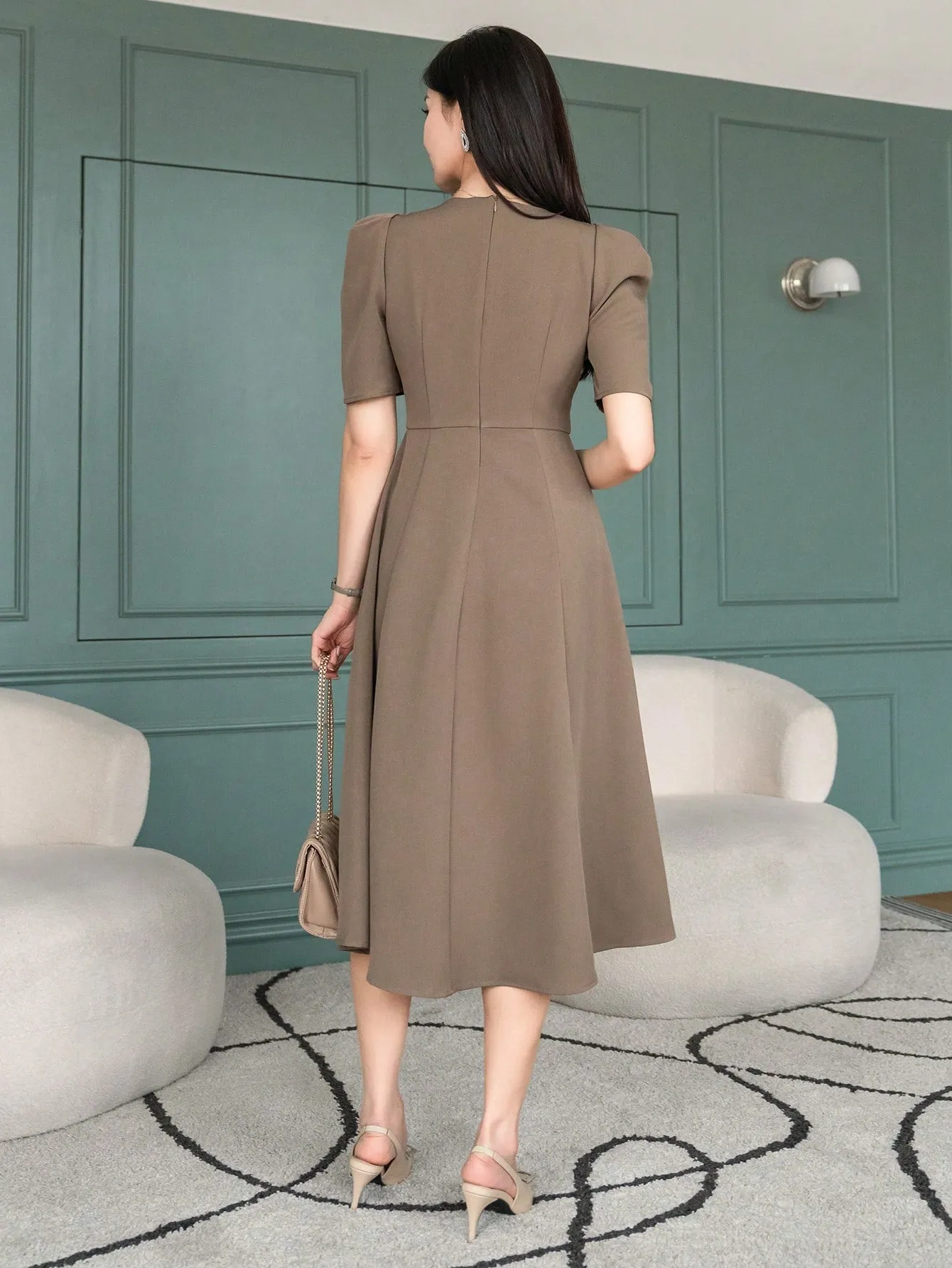 CM-DS428801 Women Elegant Seoul Style Solid Color Puff Sleeve Square Neck Dress - Khaki