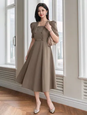 CM-DS428801 Women Elegant Seoul Style Solid Color Puff Sleeve Square Neck Dress - Khaki
