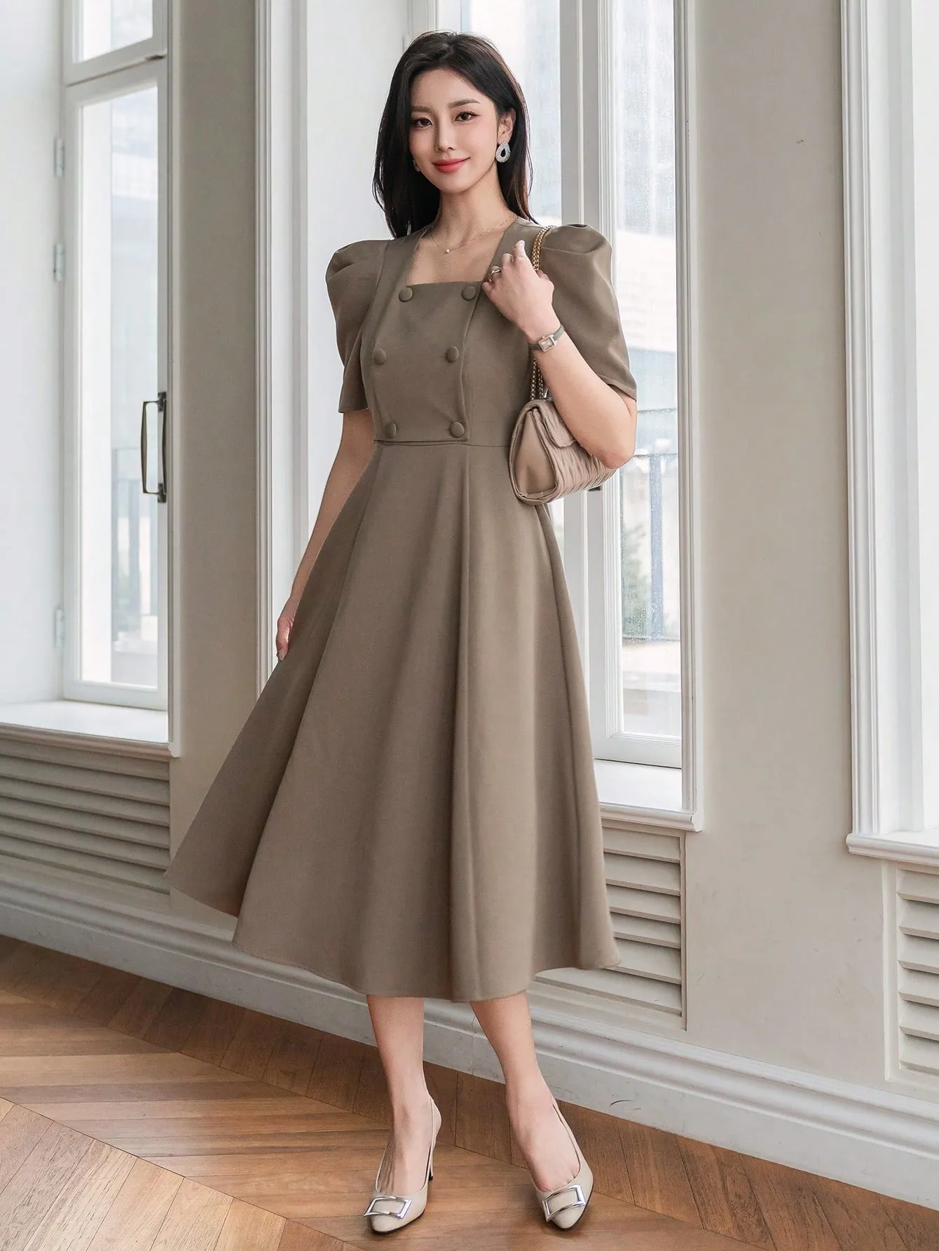 CM-DS428801 Women Elegant Seoul Style Solid Color Puff Sleeve Square Neck Dress - Khaki